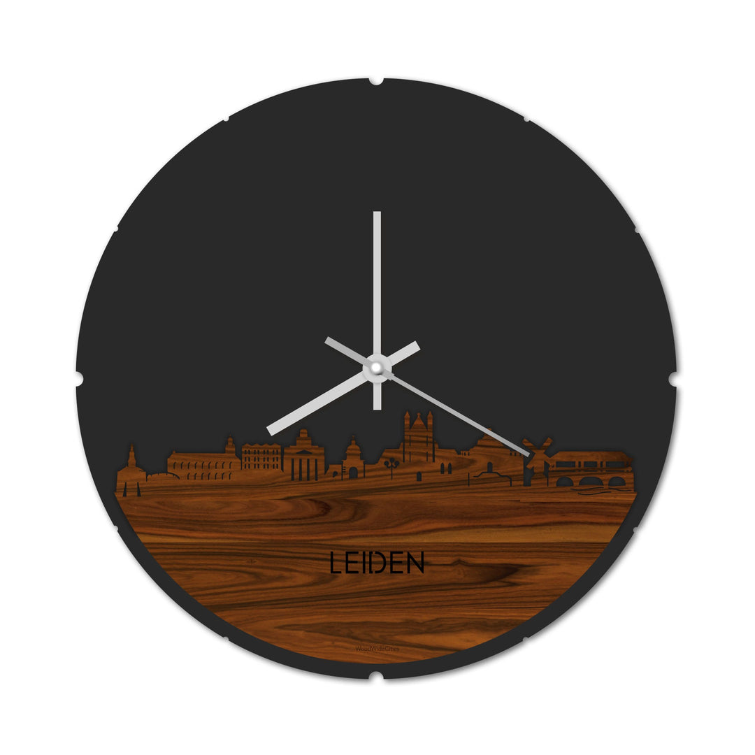 Skyline Klok Rond Leiden Palissander houten cadeau decoratie relatiegeschenk van WoodWideCities