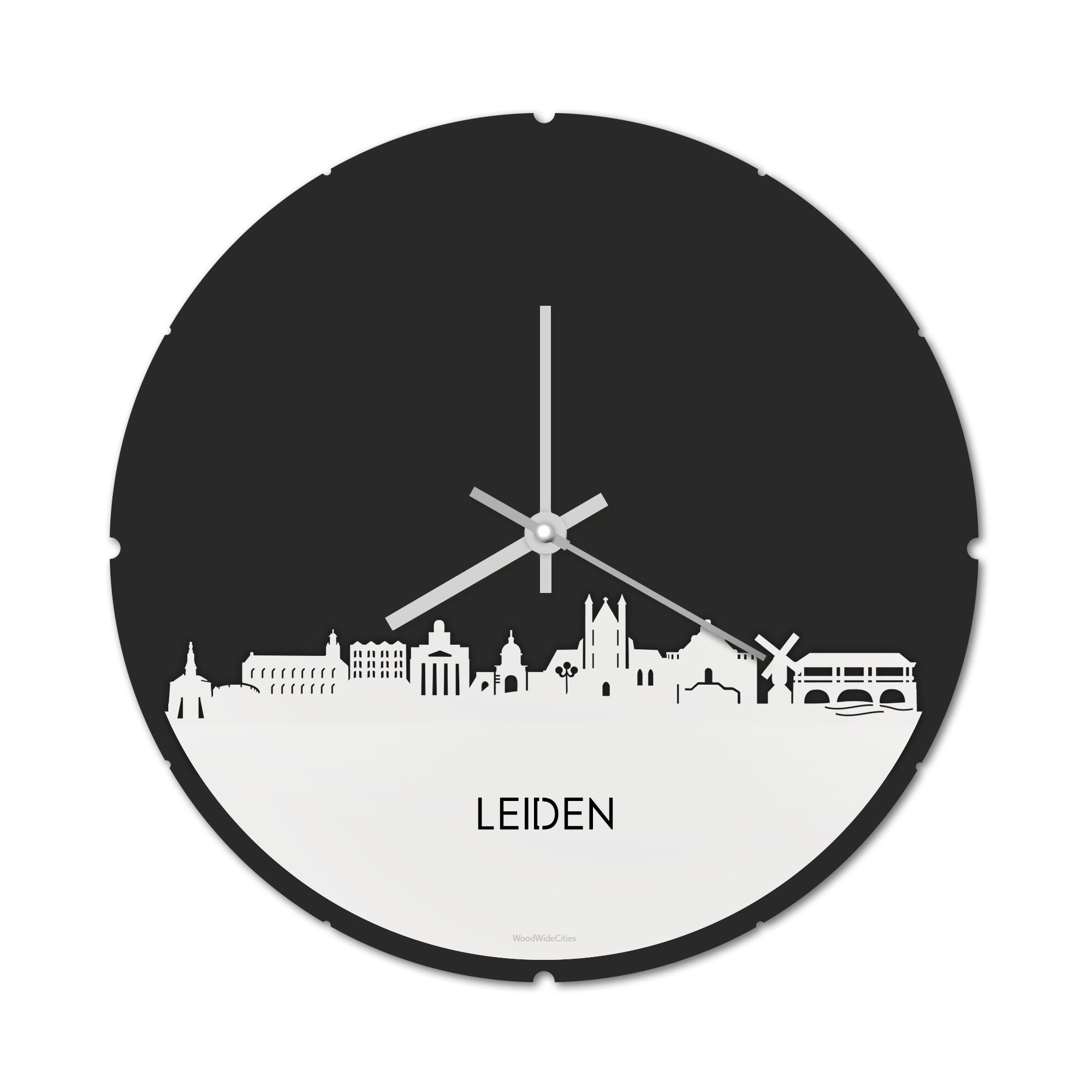 Skyline Klok Rond Leiden Wit glanzend gerecycled kunststof cadeau decoratie relatiegeschenk van WoodWideCities