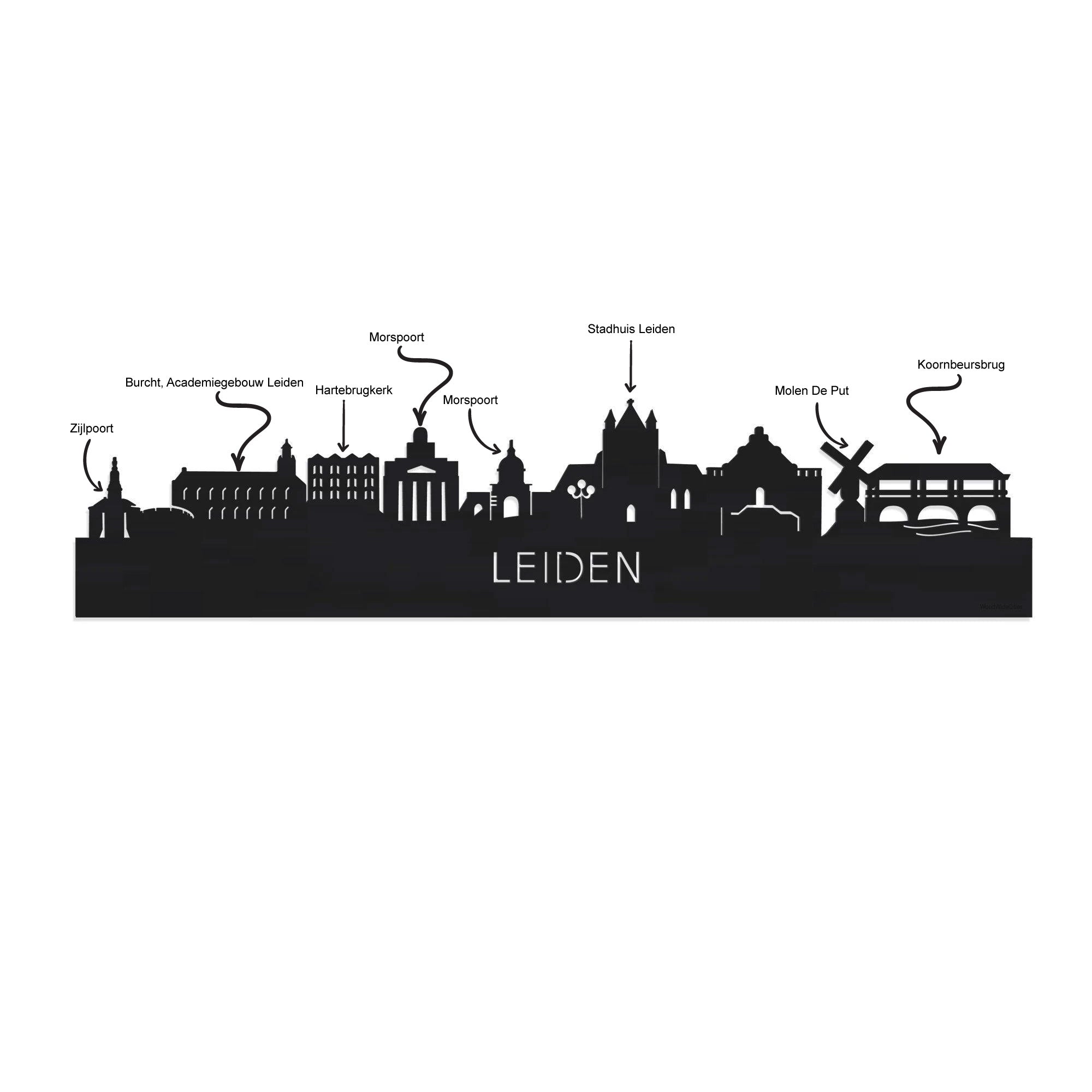 Skyline Klok Rond Leiden Zwart glanzend gerecycled kunststof cadeau decoratie relatiegeschenk van WoodWideCities