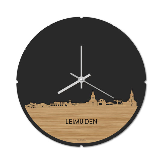 Skyline Klok Rond Leimuiden Bamboe houten cadeau decoratie relatiegeschenk van WoodWideCities