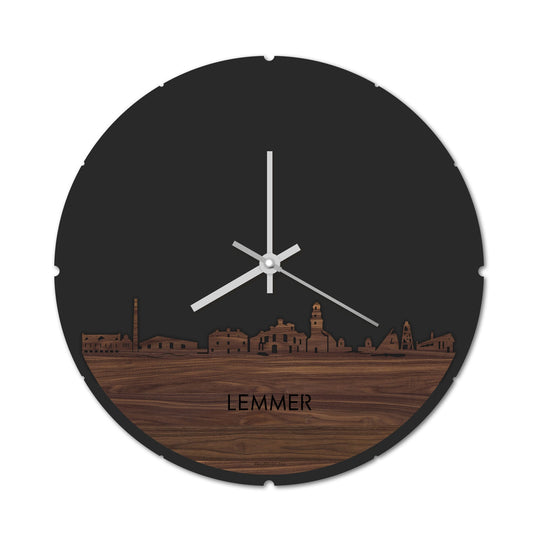 Skyline Klok Rond Lemmer Noten houten cadeau decoratie relatiegeschenk van WoodWideCities