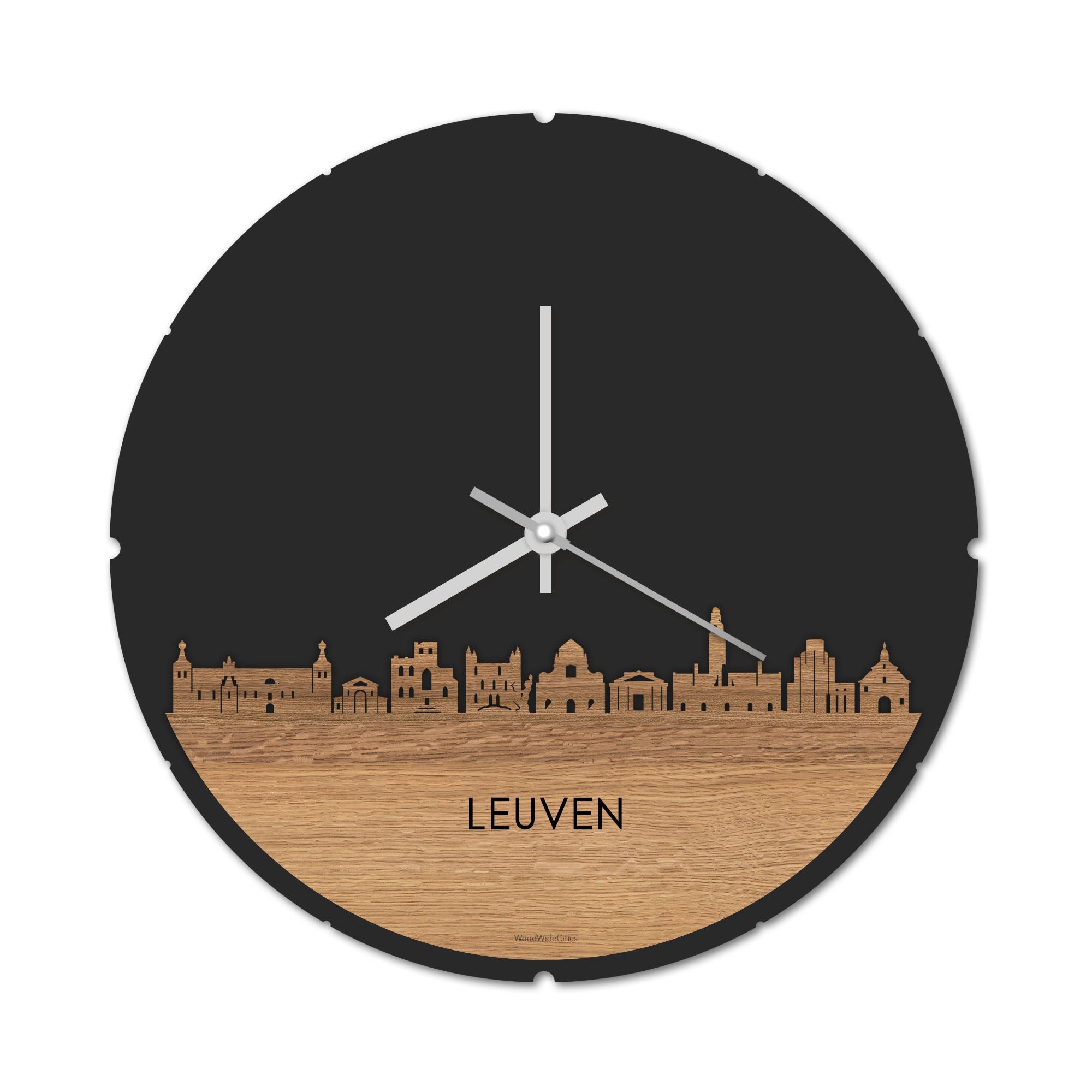 Skyline Klok Rond Leuven Eiken houten cadeau decoratie relatiegeschenk van WoodWideCities