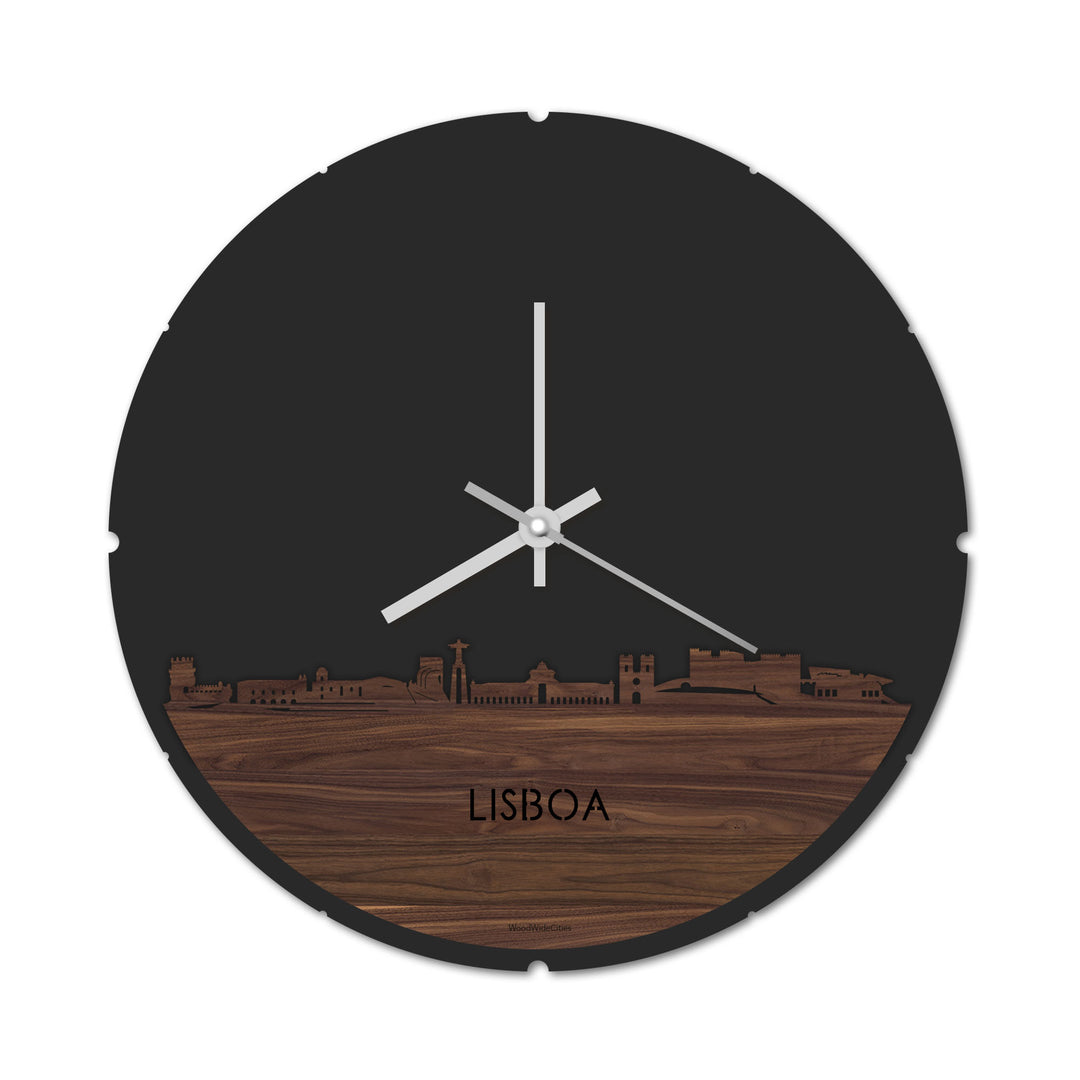 Skyline Klok Rond Lisboa Noten houten cadeau decoratie relatiegeschenk van WoodWideCities