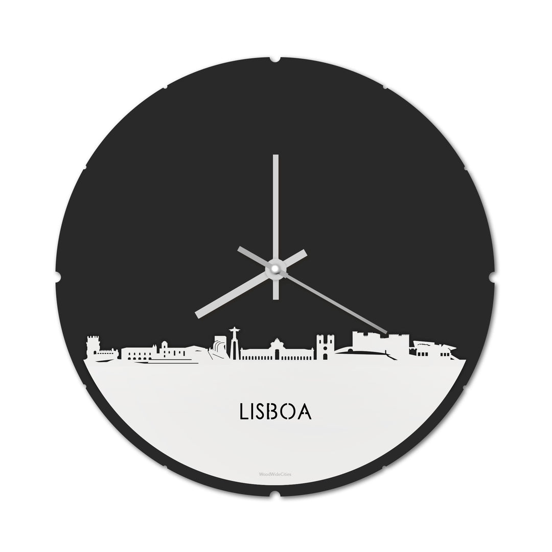 Skyline Klok Rond Lisboa Wit glanzend gerecycled kunststof cadeau decoratie relatiegeschenk van WoodWideCities