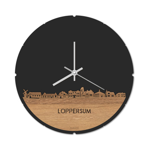 Skyline Klok Rond Loppersum Eiken houten cadeau decoratie relatiegeschenk van WoodWideCities