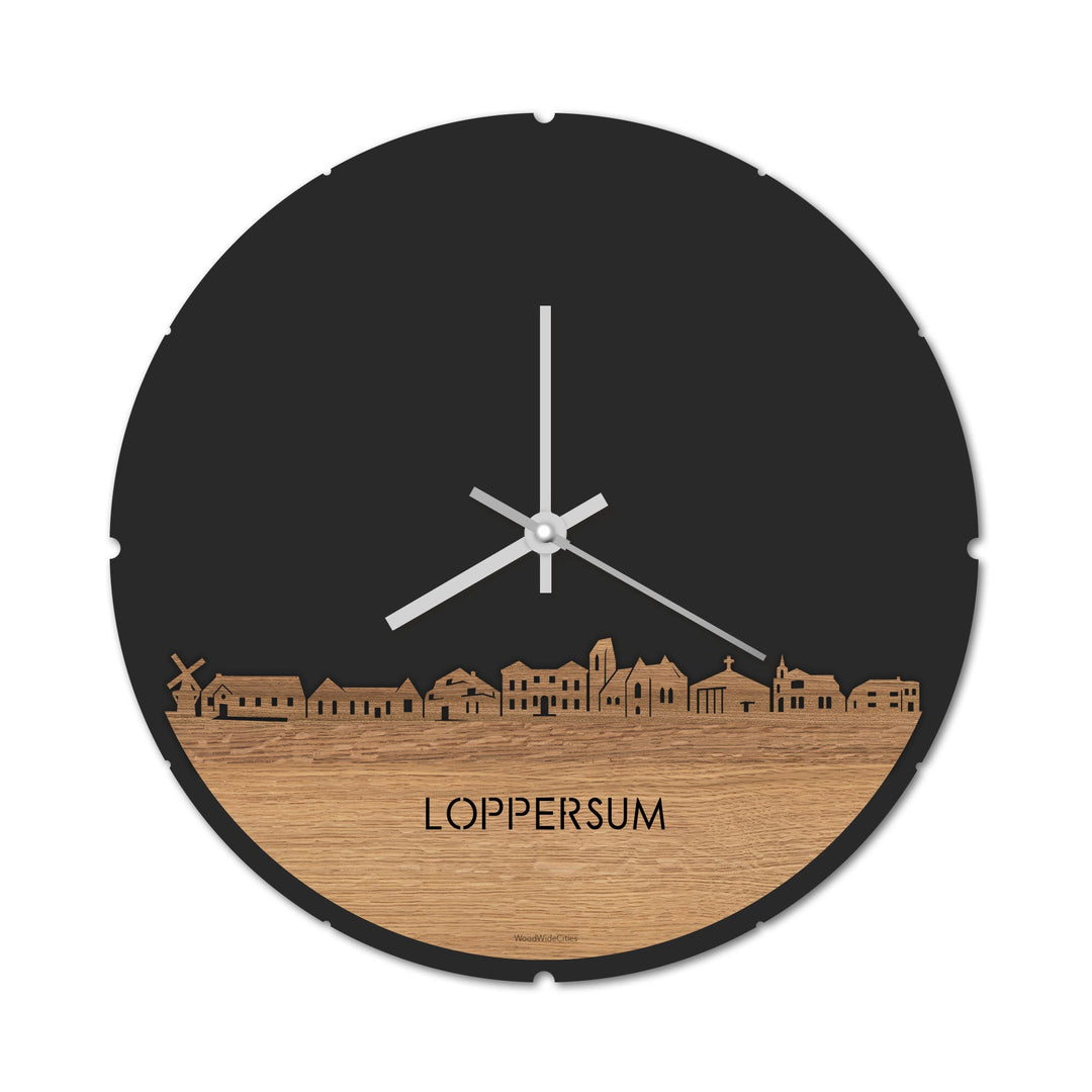 Skyline Klok Rond Loppersum Eiken houten cadeau decoratie relatiegeschenk van WoodWideCities