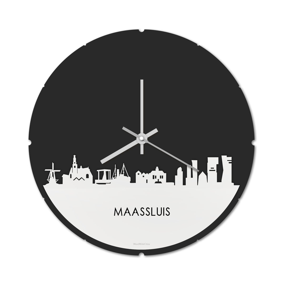 Skyline Klok Rond Maassluis Wit glanzend gerecycled kunststof cadeau decoratie relatiegeschenk van WoodWideCities