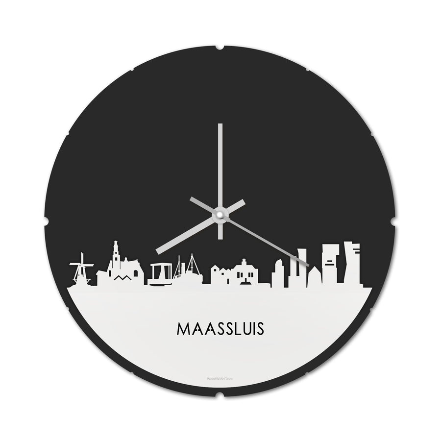 Skyline Klok Rond Maassluis Wit glanzend gerecycled kunststof cadeau decoratie relatiegeschenk van WoodWideCities