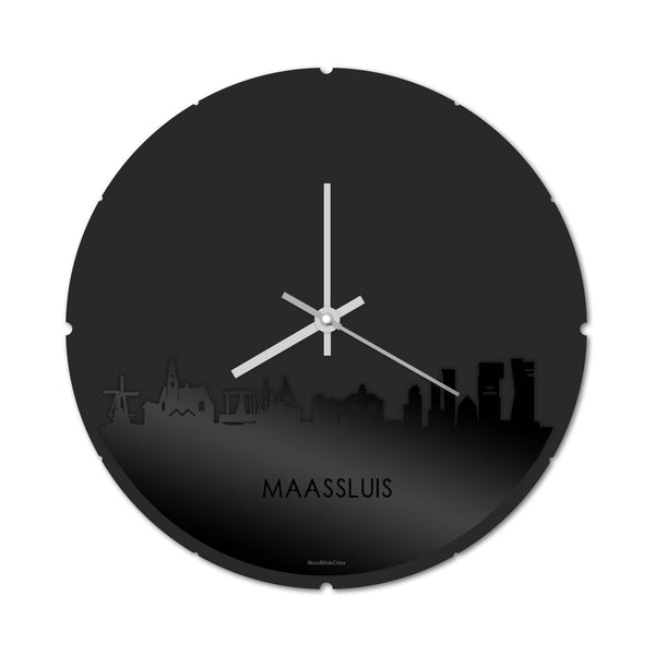 Skyline Klok Rond Maassluis Zwart glanzend gerecycled kunststof cadeau decoratie relatiegeschenk van WoodWideCities