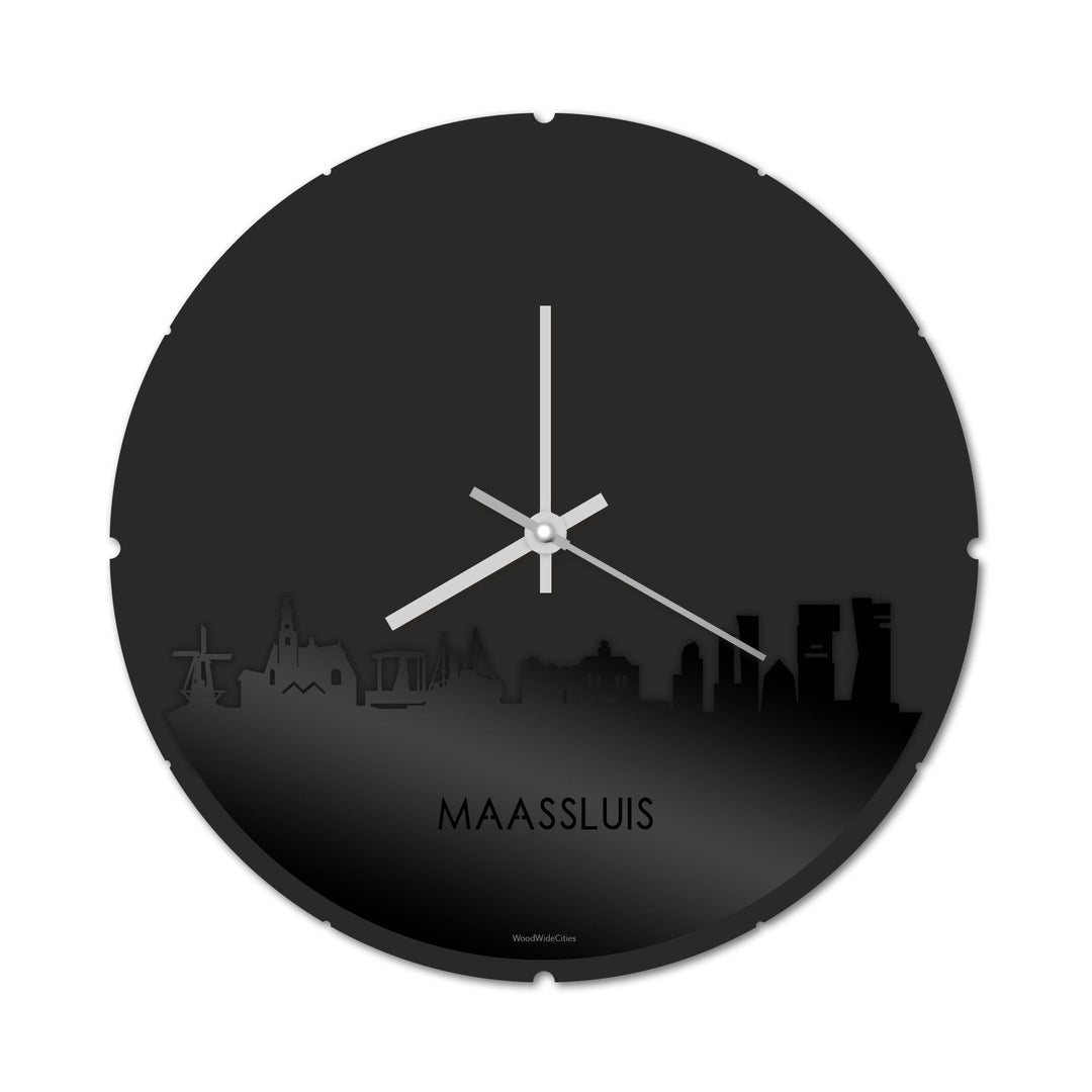 Skyline Klok Rond Maassluis Zwart glanzend gerecycled kunststof cadeau decoratie relatiegeschenk van WoodWideCities