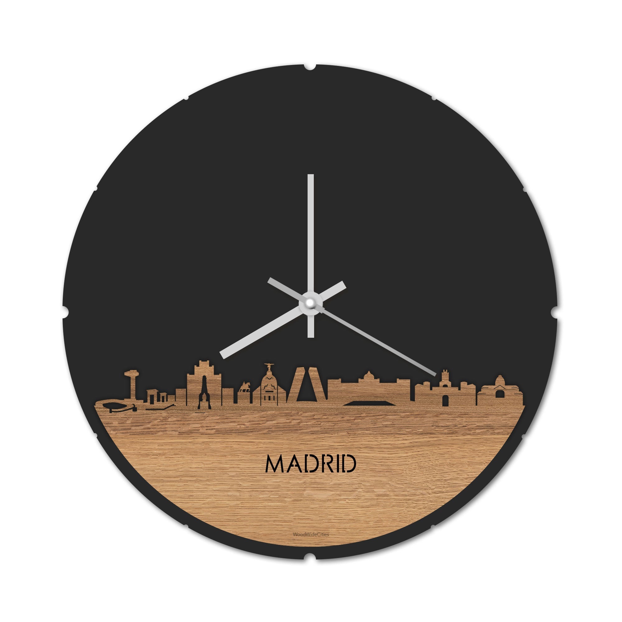 Skyline Klok Rond Madrid Eiken houten cadeau decoratie relatiegeschenk van WoodWideCities