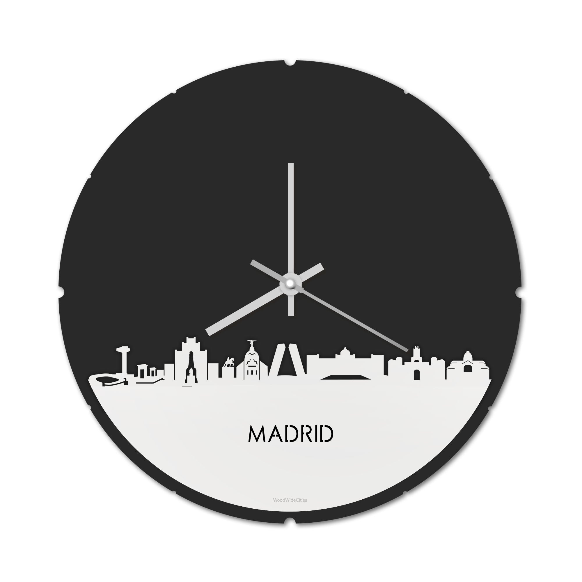 Skyline Klok Rond Madrid Wit glanzend gerecycled kunststof cadeau decoratie relatiegeschenk van WoodWideCities
