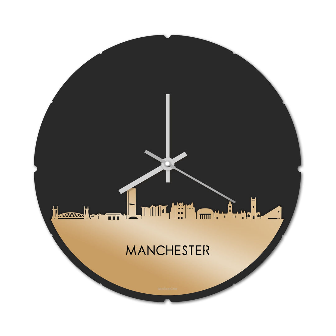 Skyline Klok Rond Manchester Metallic Goud gerecycled kunststof cadeau decoratie relatiegeschenk van WoodWideCities
