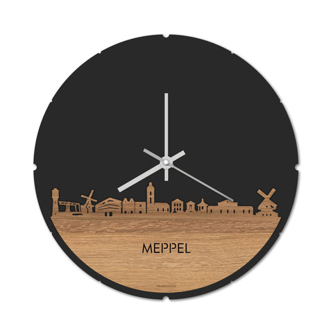 Skyline Klok Rond Meppel Eiken houten cadeau decoratie relatiegeschenk van WoodWideCities