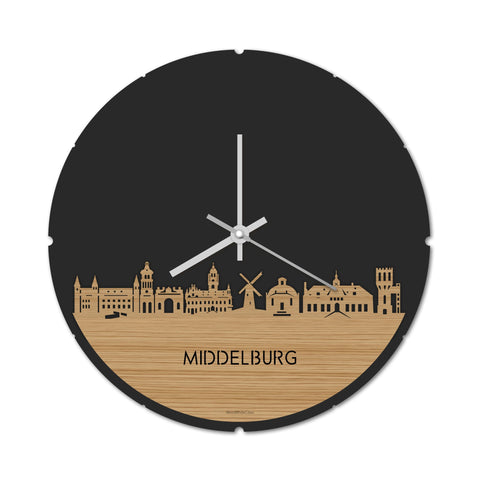 Skyline Klok Rond Middelburg Bamboe houten cadeau decoratie relatiegeschenk van WoodWideCities