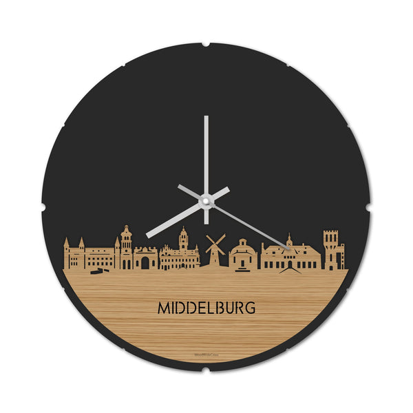 Skyline Klok Rond Middelburg Bamboe houten cadeau decoratie relatiegeschenk van WoodWideCities