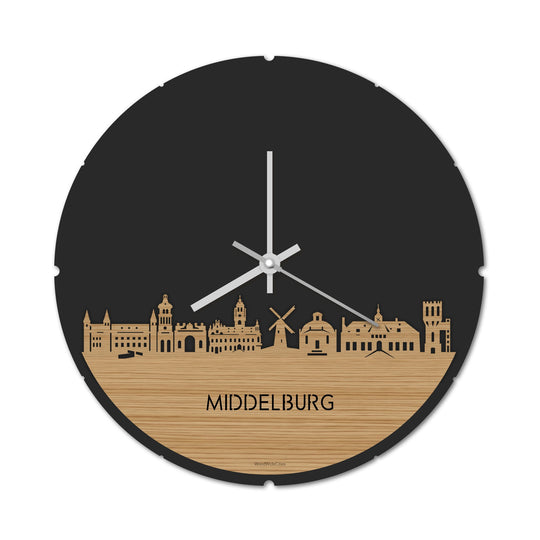 Skyline Klok Rond Middelburg Bamboe houten cadeau decoratie relatiegeschenk van WoodWideCities