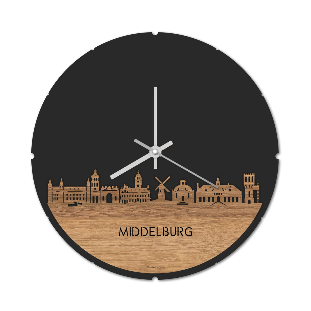 Skyline Klok Rond Middelburg Eiken houten cadeau decoratie relatiegeschenk van WoodWideCities