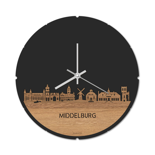 Skyline Klok Rond Middelburg Eiken houten cadeau decoratie relatiegeschenk van WoodWideCities