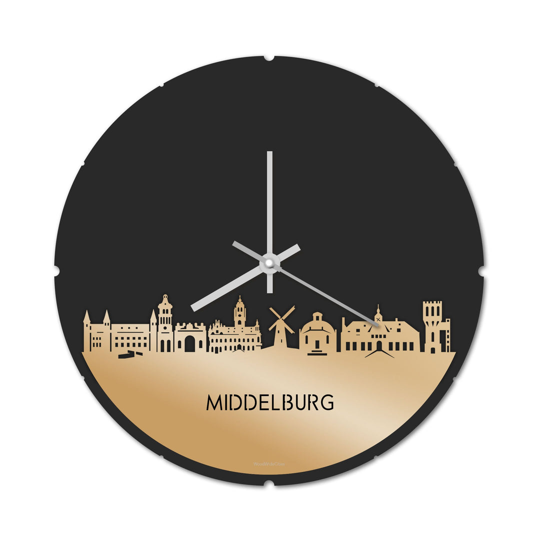 Skyline Klok Rond Middelburg Metallic Goud gerecycled kunststof cadeau decoratie relatiegeschenk van WoodWideCities