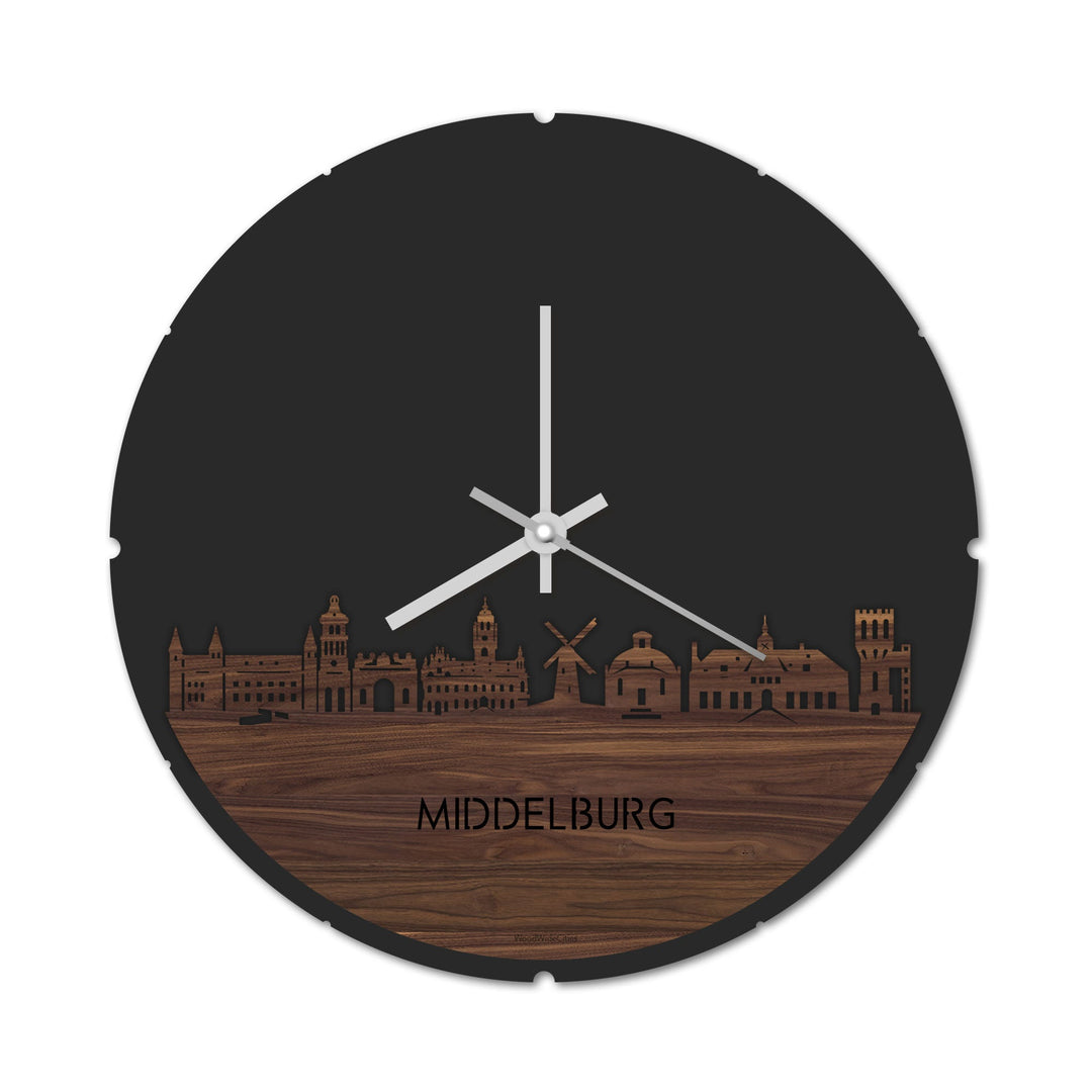 Skyline Klok Rond Middelburg Noten houten cadeau decoratie relatiegeschenk van WoodWideCities