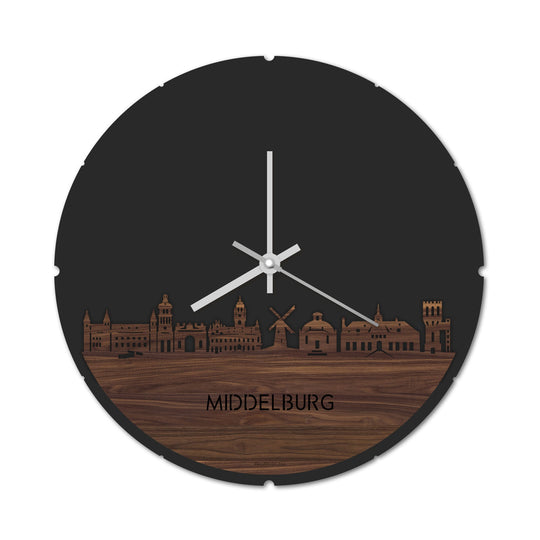 Skyline Klok Rond Middelburg Noten houten cadeau decoratie relatiegeschenk van WoodWideCities