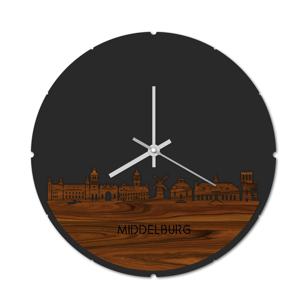 Skyline Klok Rond Middelburg Palissander houten cadeau decoratie relatiegeschenk van WoodWideCities