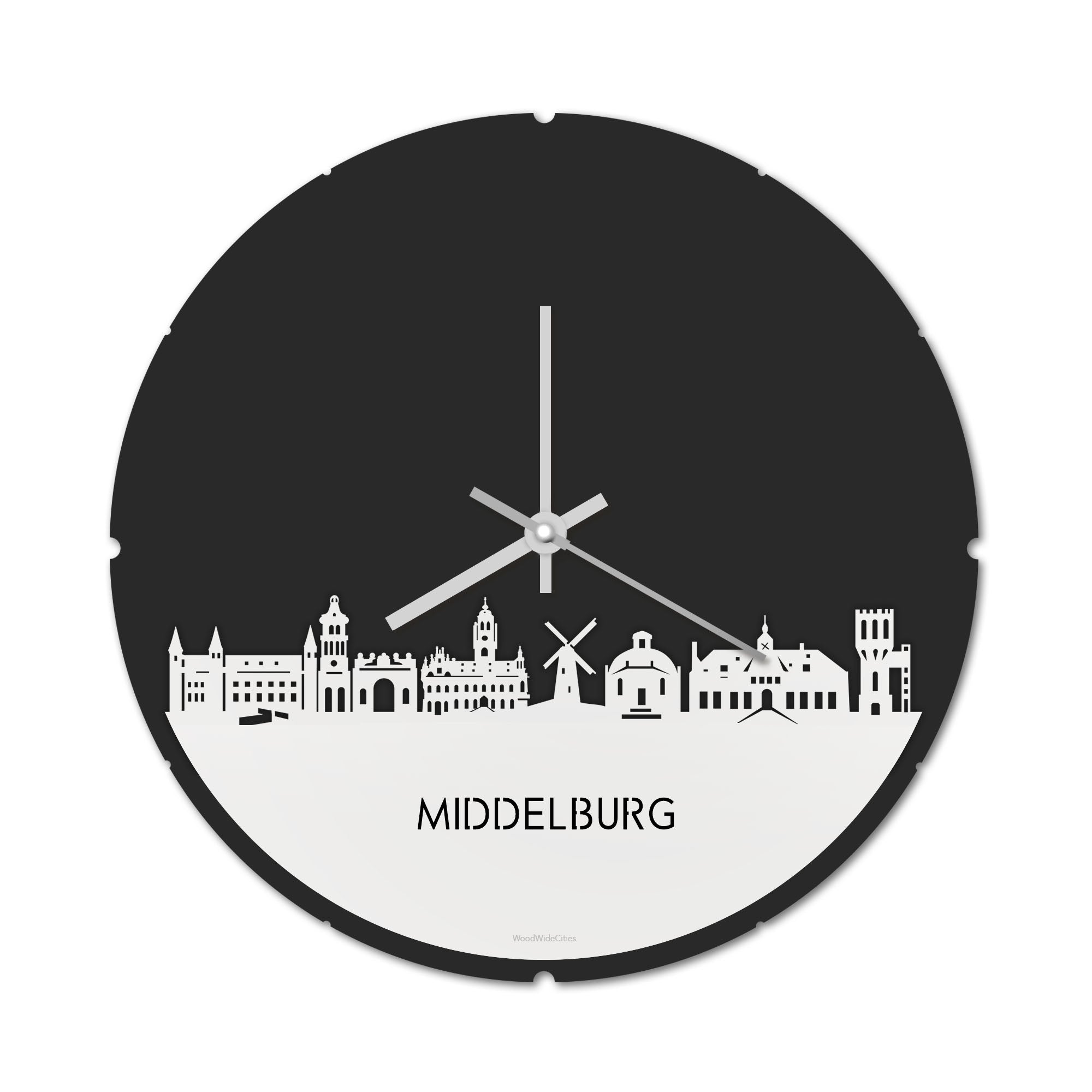 Skyline Klok Rond Middelburg Wit glanzend gerecycled kunststof cadeau decoratie relatiegeschenk van WoodWideCities