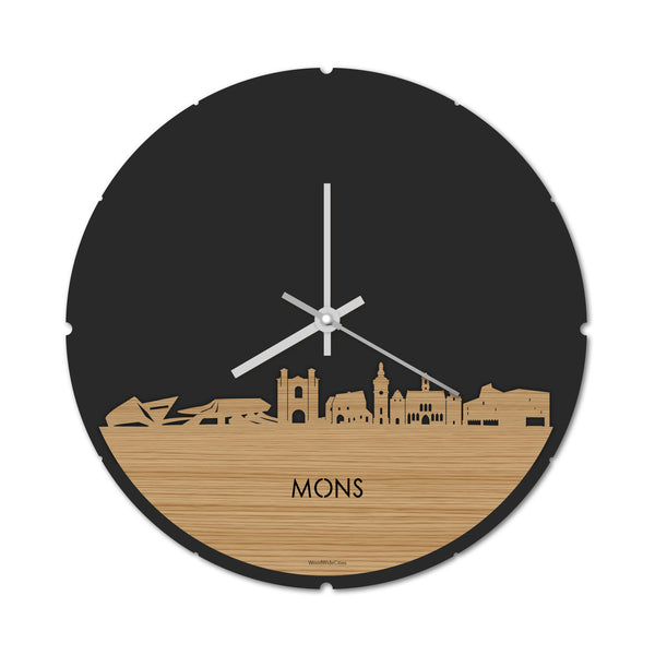Skyline Klok Rond Mons Bamboe houten cadeau decoratie relatiegeschenk van WoodWideCities
