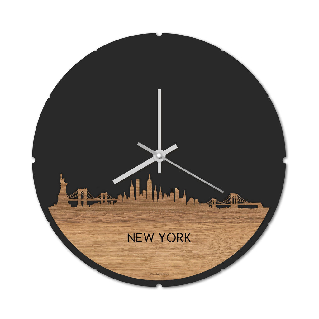 Skyline Klok Rond New York Eiken Eiken  houten cadeau decoratie relatiegeschenk van WoodWideCities