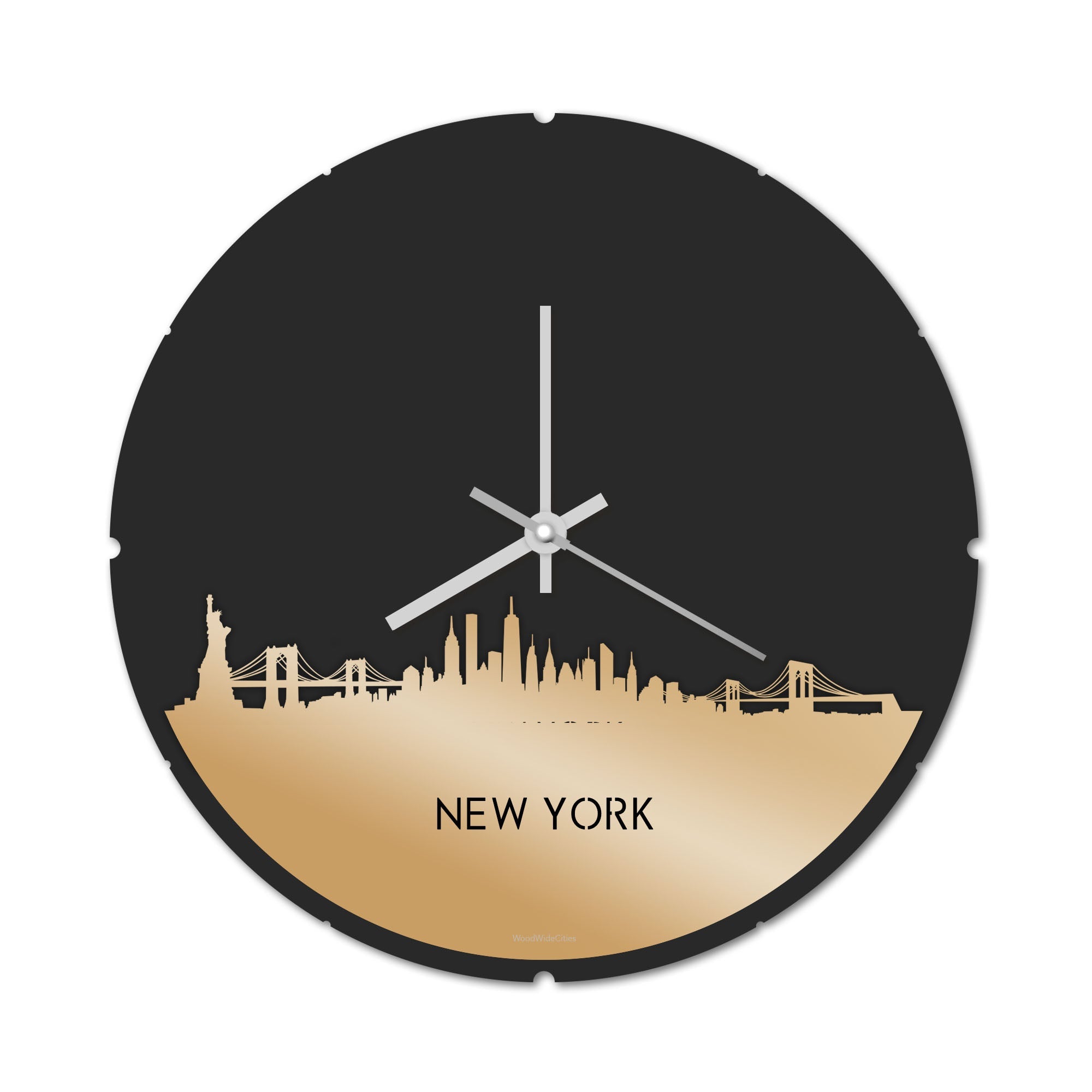 Skyline Klok Rond New York Metallic Goud gerecycled kunststof cadeau decoratie relatiegeschenk van WoodWideCities