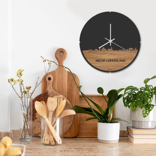 Skyline Klok Nieuw-Lekkerland Eiken houten cadeau decoratie relatiegeschenk van WoodWideCities