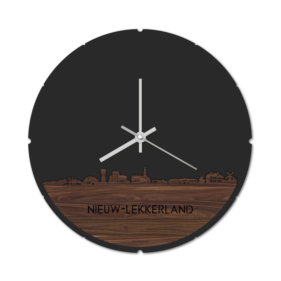 Skyline Klok Rond Nieuw-Lekkerland Noten houten cadeau decoratie relatiegeschenk van WoodWideCities