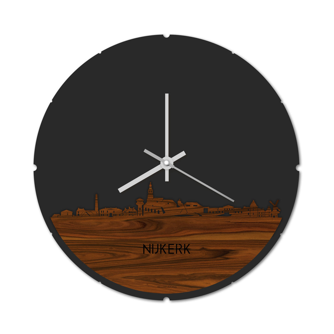 Skyline Klok Rond Nijkerk Palissander houten cadeau decoratie relatiegeschenk van WoodWideCities