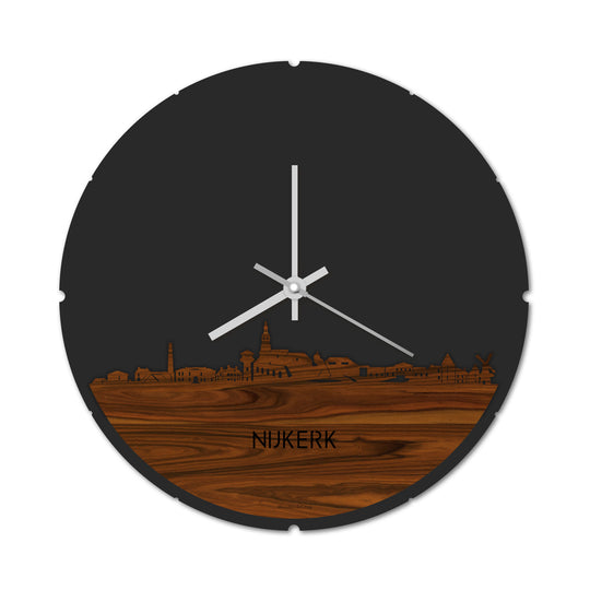 Skyline Klok Rond Nijkerk Palissander houten cadeau decoratie relatiegeschenk van WoodWideCities