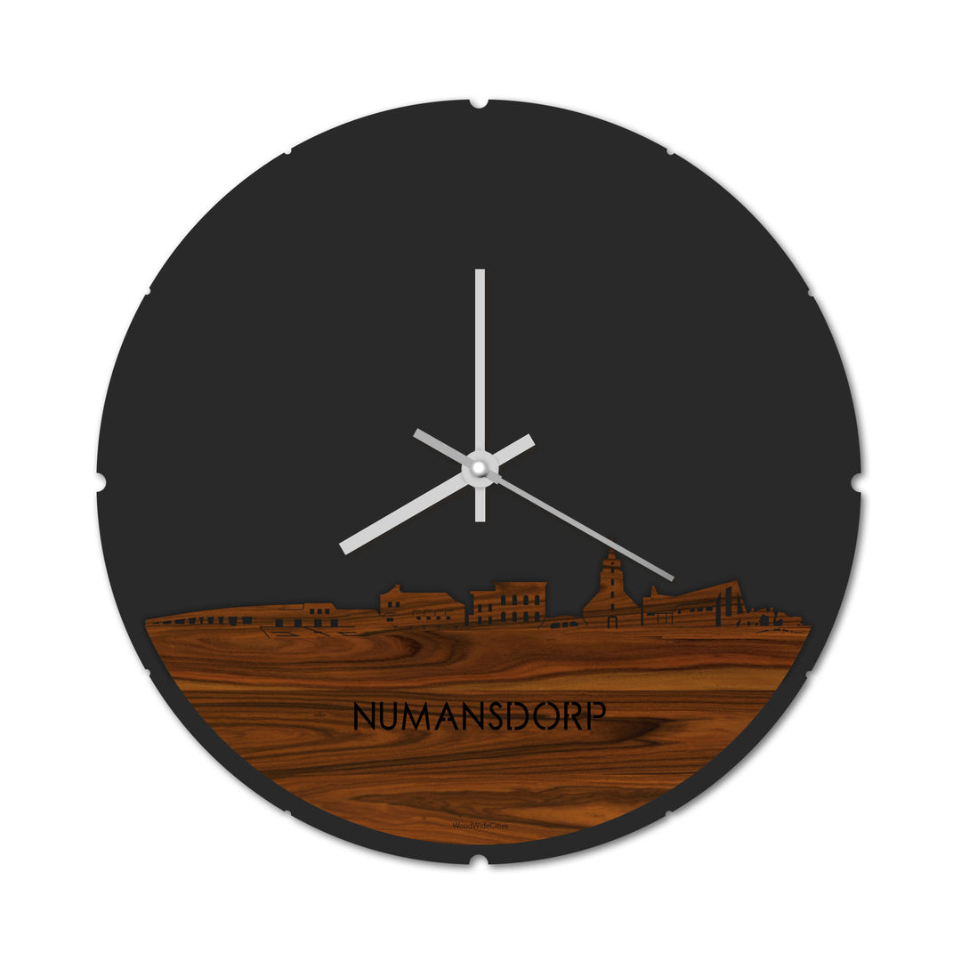 Skyline Klok Rond Numansdorp Palissander houten cadeau decoratie relatiegeschenk van WoodWideCities