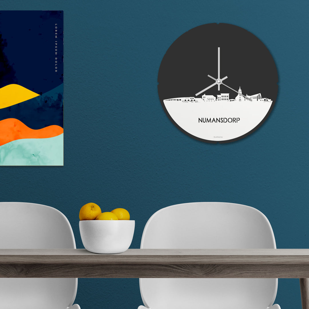 Skyline Klok Rond Numansdorp Wit glanzend gerecycled kunststof cadeau decoratie relatiegeschenk van WoodWideCities