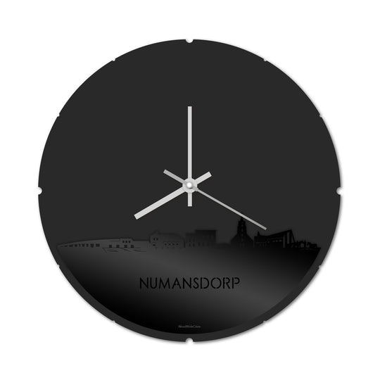 Skyline Klok Rond Numansdorp Zwart glanzend gerecycled kunststof cadeau decoratie relatiegeschenk van WoodWideCities