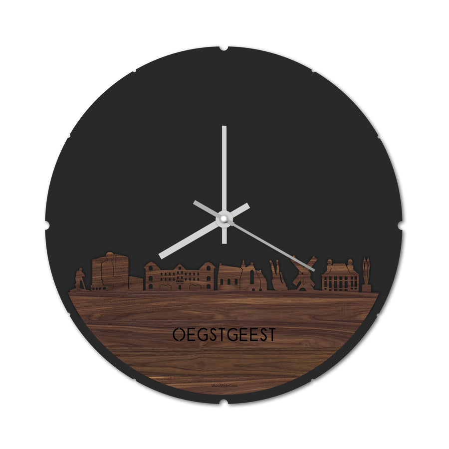 Skyline Klok Rond Oegstgeest Noten houten cadeau decoratie relatiegeschenk van WoodWideCities