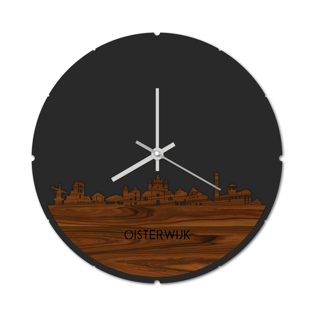 Skyline Klok Rond Oisterwijk Palissander houten cadeau decoratie relatiegeschenk van WoodWideCities