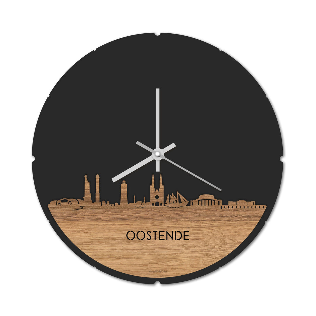 Skyline Klok Rond Oostende Eiken houten cadeau decoratie relatiegeschenk van WoodWideCities