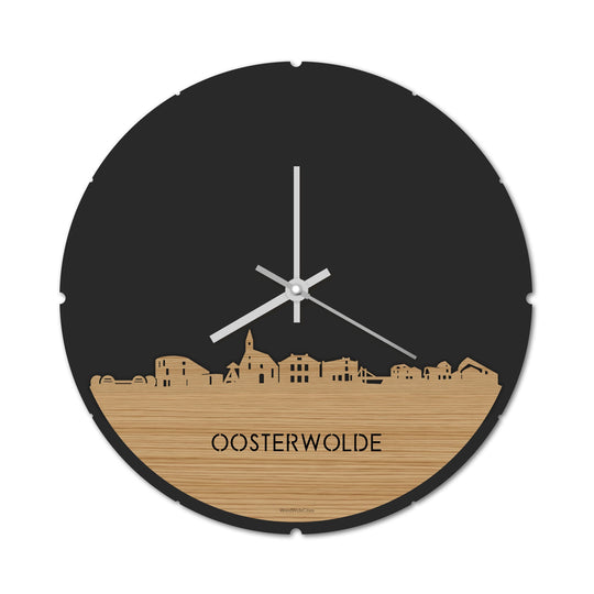Skyline Klok Rond Oosterwolde Bamboe houten cadeau decoratie relatiegeschenk van WoodWideCities