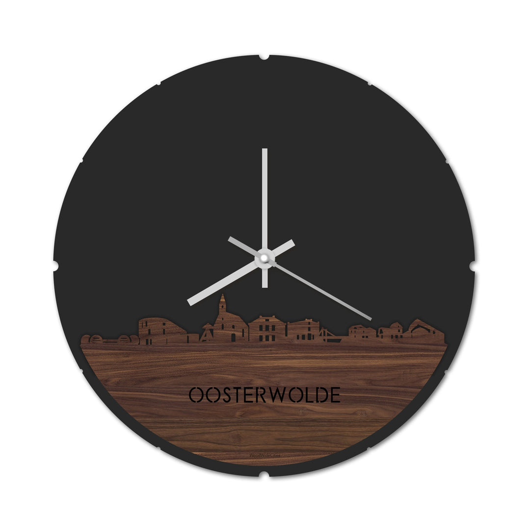 Skyline Klok Rond Oosterwolde Noten houten cadeau decoratie relatiegeschenk van WoodWideCities