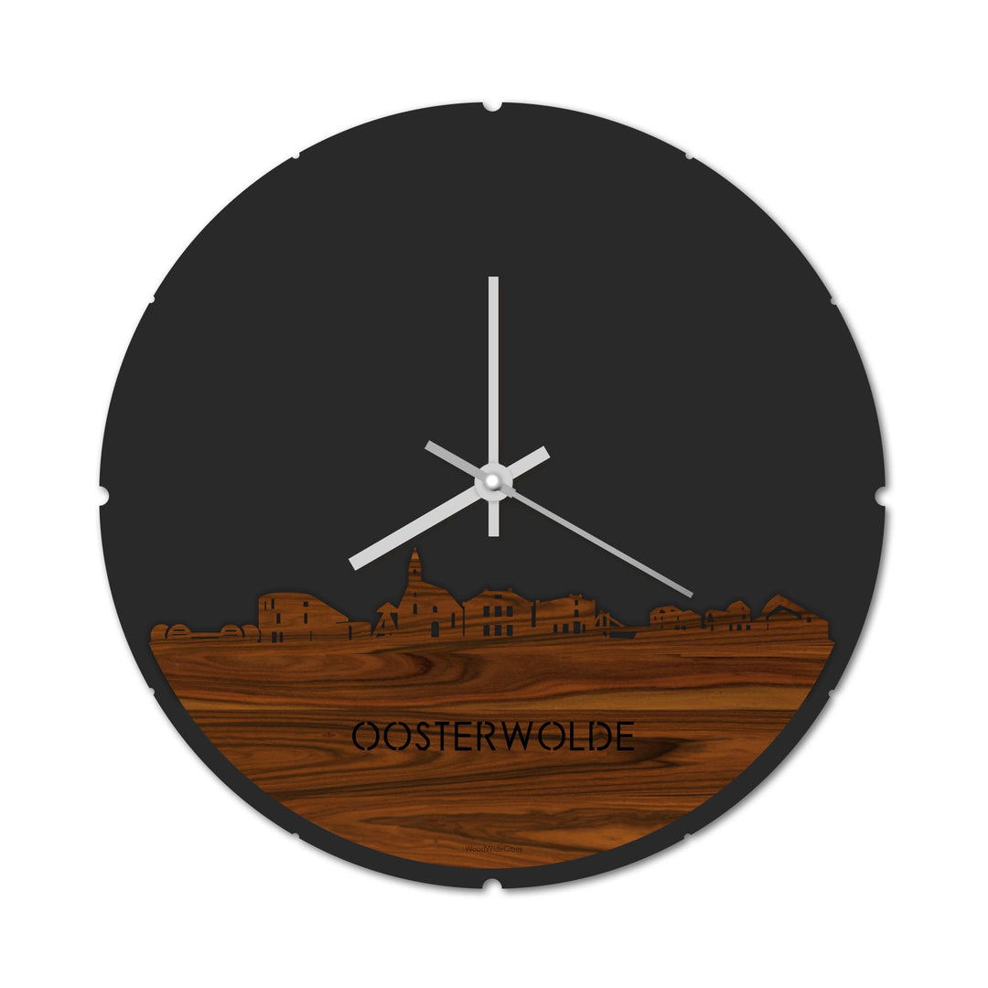 Skyline Klok Rond Oosterwolde Palissander houten cadeau decoratie relatiegeschenk van WoodWideCities