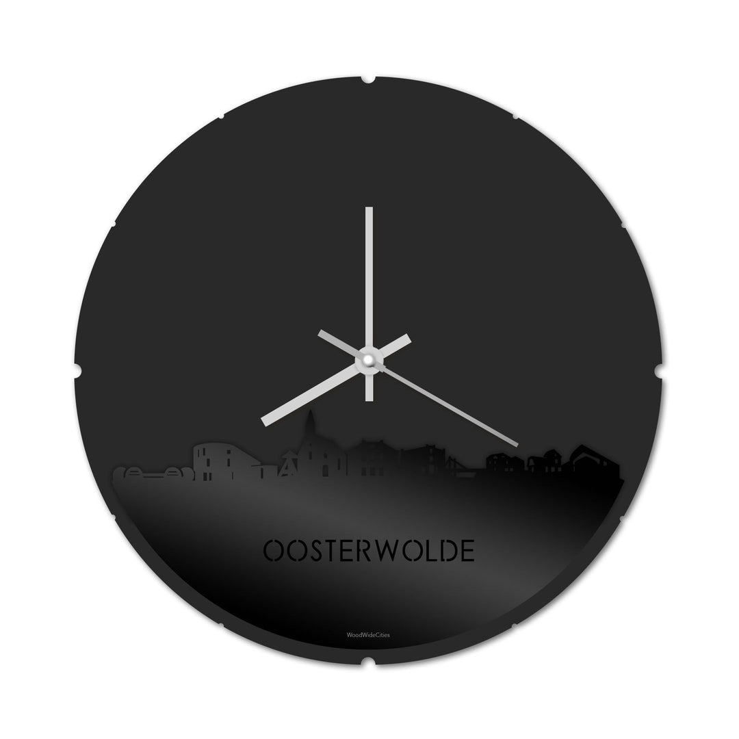 Skyline Klok Rond Oosterwolde Zwart glanzend gerecycled kunststof cadeau decoratie relatiegeschenk van WoodWideCities