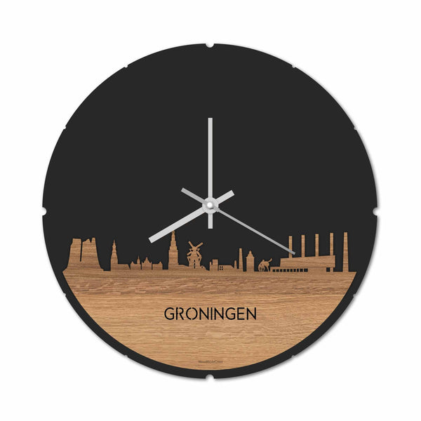 Skyline Klok Rond Oud Groningen Eiken houten cadeau decoratie relatiegeschenk van WoodWideCities