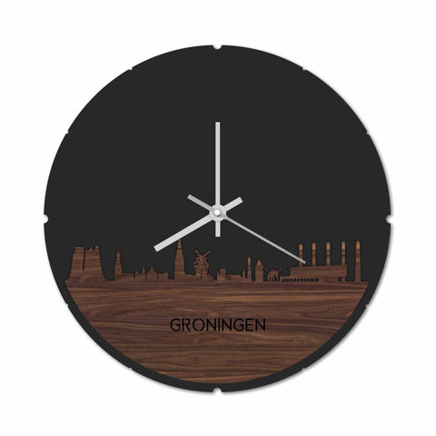 Skyline Klok Rond Oud Groningen Noten houten cadeau decoratie relatiegeschenk van WoodWideCities