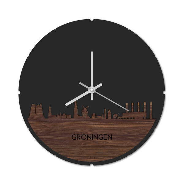 Skyline Klok Rond Oud Groningen Noten houten cadeau decoratie relatiegeschenk van WoodWideCities