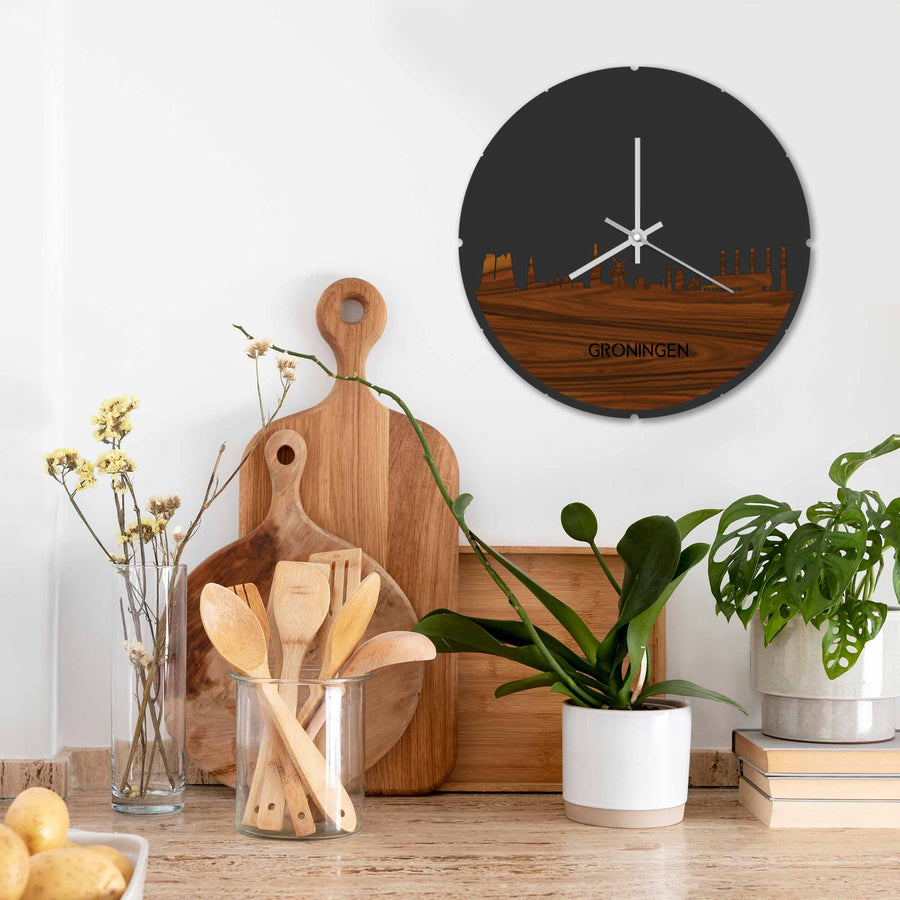 Skyline Klok Rond Oud Groningen Palissander houten cadeau decoratie relatiegeschenk van WoodWideCities