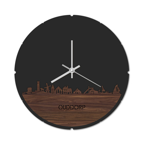 Skyline Klok Rond Ouddorp Noten houten cadeau decoratie relatiegeschenk van WoodWideCities